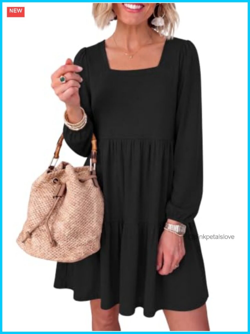Long Sleeve Square Neck Ruffle A-Line Mini Dress with Pockets